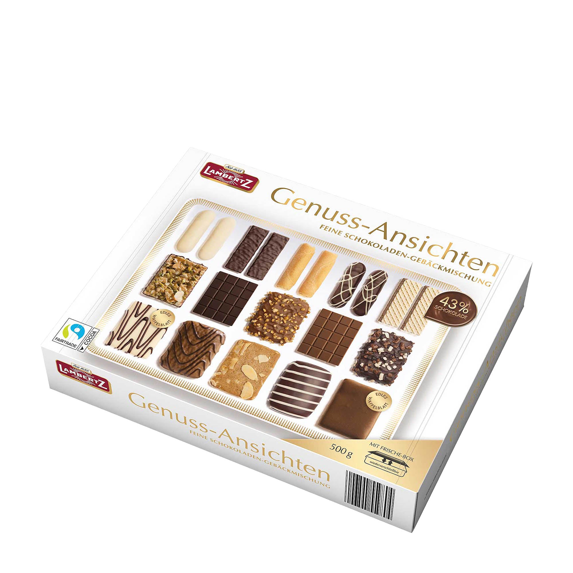 A box of Lambertz Modern Art Premium Chocolate Cookie Assortment displaying various chocolate cookies and biscuits.
