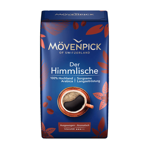 Movenpick Der Himmlische ground coffee package with blue background and coffee cup illustration