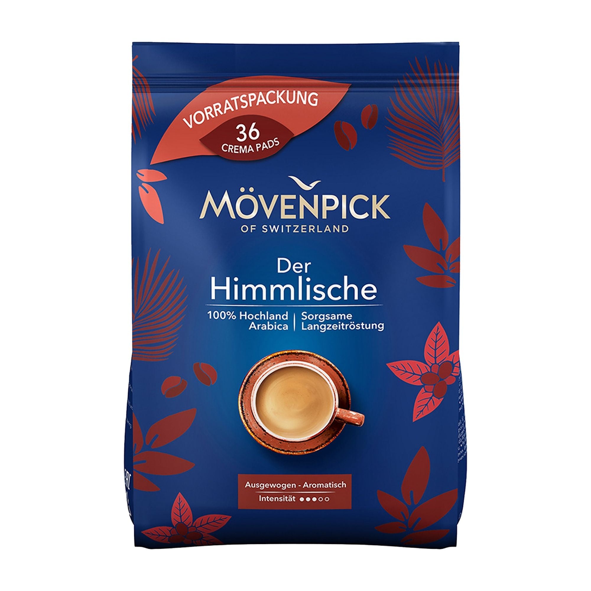 Movenpick coffee pod packaging with blue background and red leaves