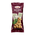 Packaged roasted hazelnuts with Mogyi branding on a white background