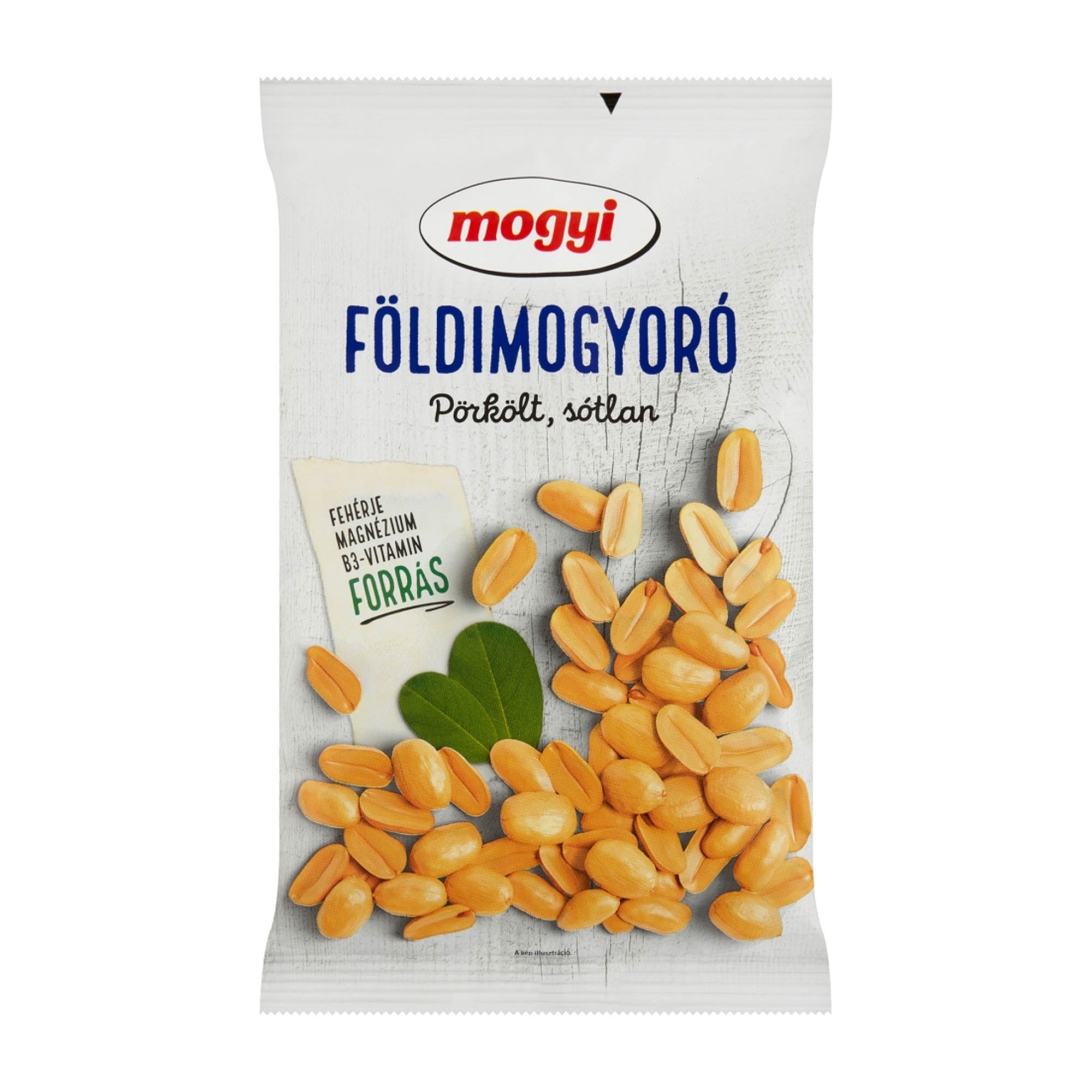 Package of Mogyi brand roasted unsalted peanuts showing the peanuts visible through the packaging and the brand name in Hungarian and English.