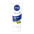 Nivea Moisture Care hand cream in a white tube with blue and green accents, featuring olive extract.
