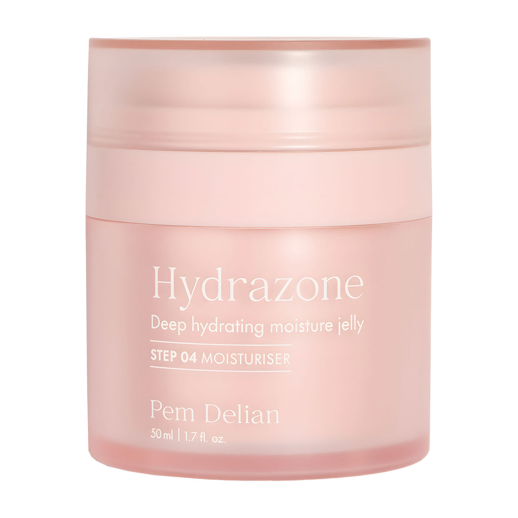 Pink jar of Hydrazone deep hydrating moisture jelly on a white background