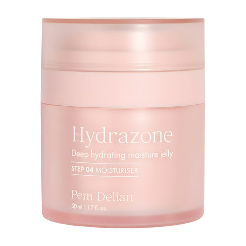 Pink jar of Hydrazone deep hydrating moisture jelly on a white background