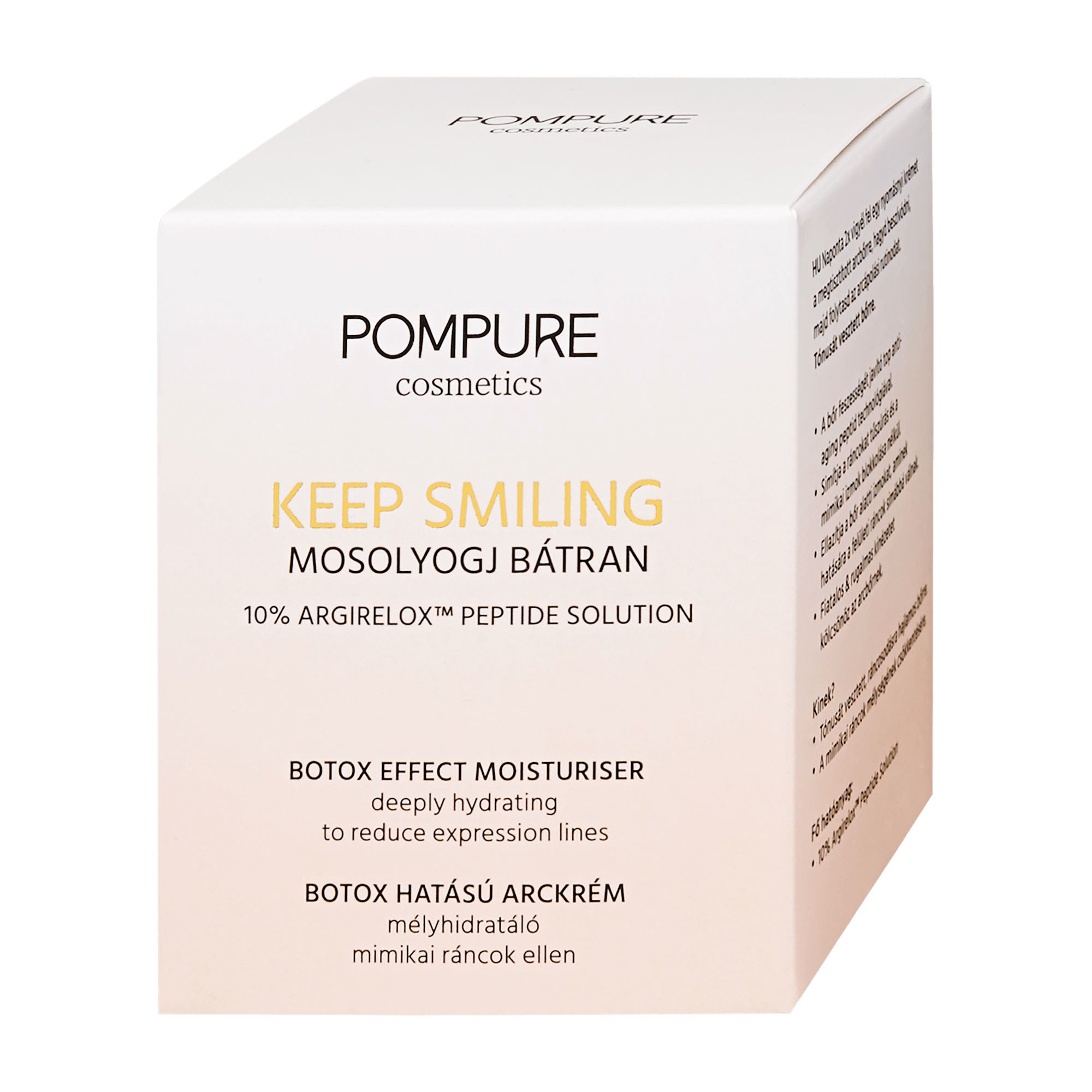 Pompure Keep Smiling Botox Effect Moisturizer packaging on a white background.