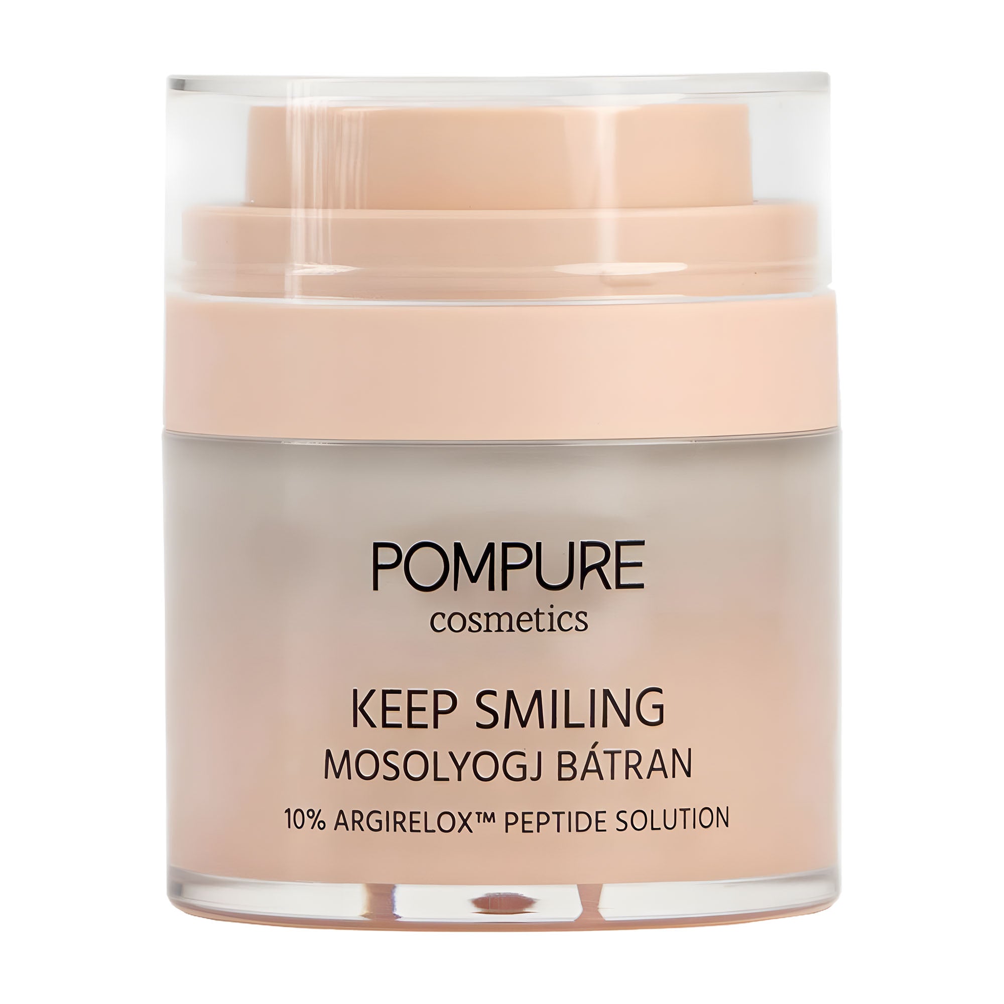 Pompure Keep Smiling Botox Effect Moisturizer glass jar on a white background.