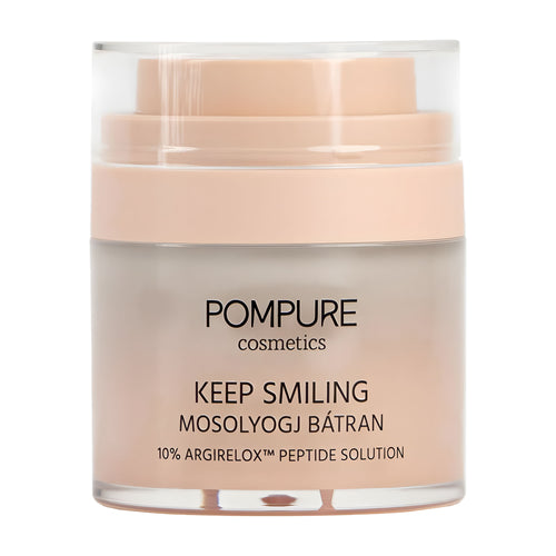 Pompure Keep Smiling Botox Effect Moisturizer glass jar on a white background.