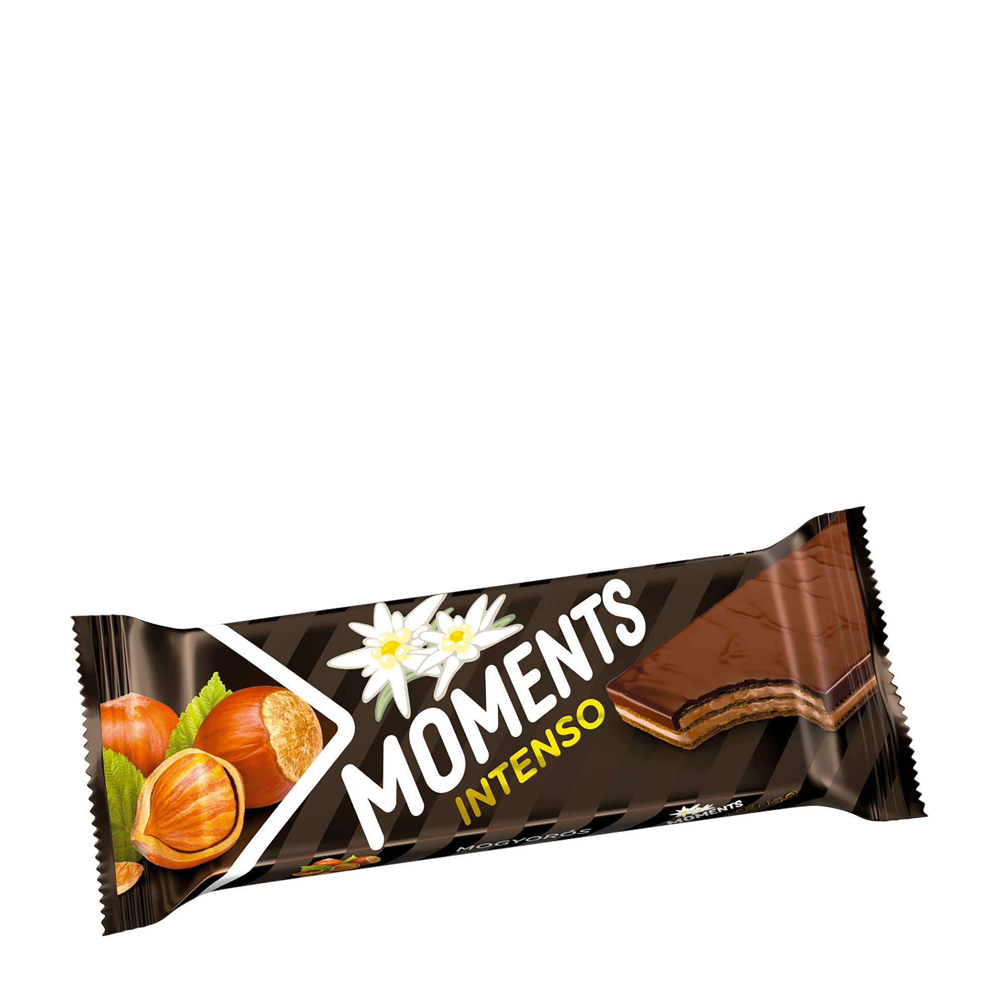 Intenso Hazelnut wafer bar packaging with 'Moments' branding on a white background