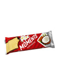 Moments Coconut wafer bar packaging with red background and images of wafer and coconut on a white background