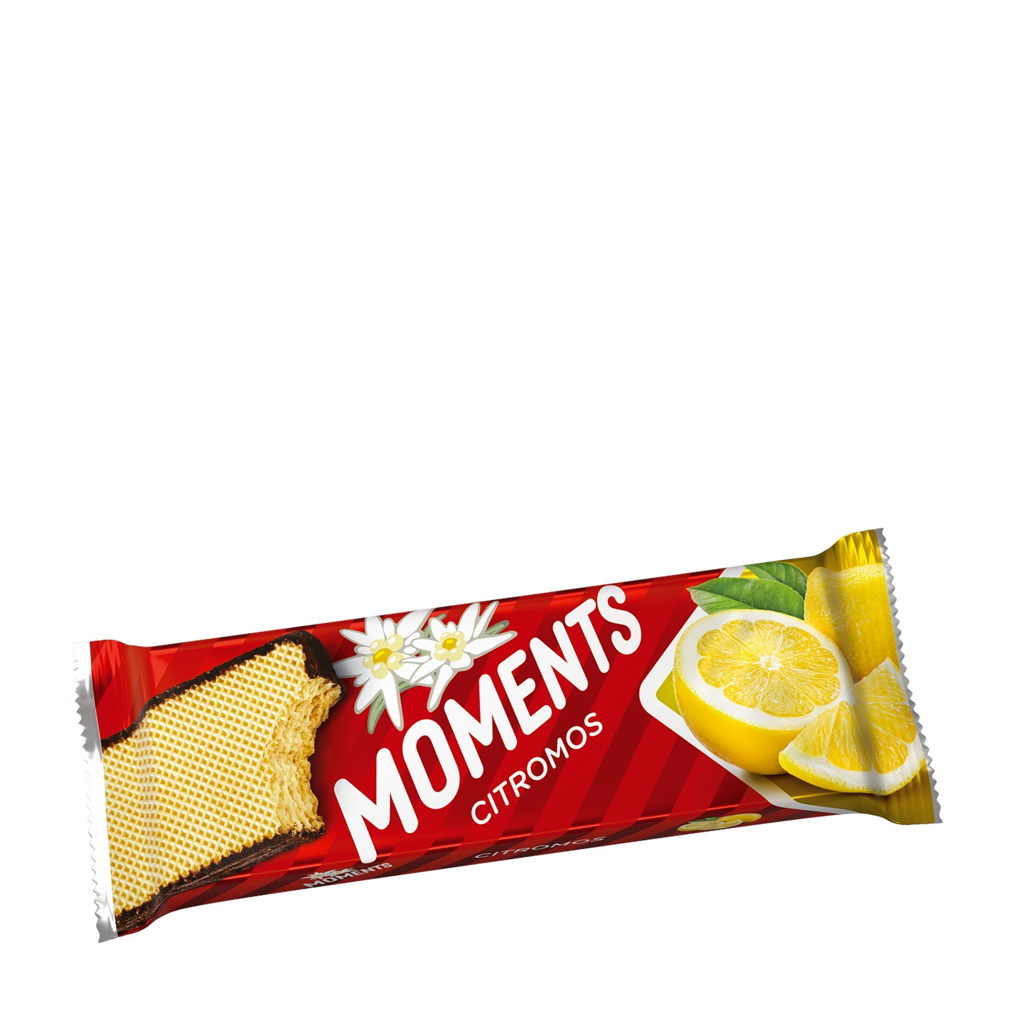 Moments Lemon wafer bar packaging with lemon and wafer images on a white background