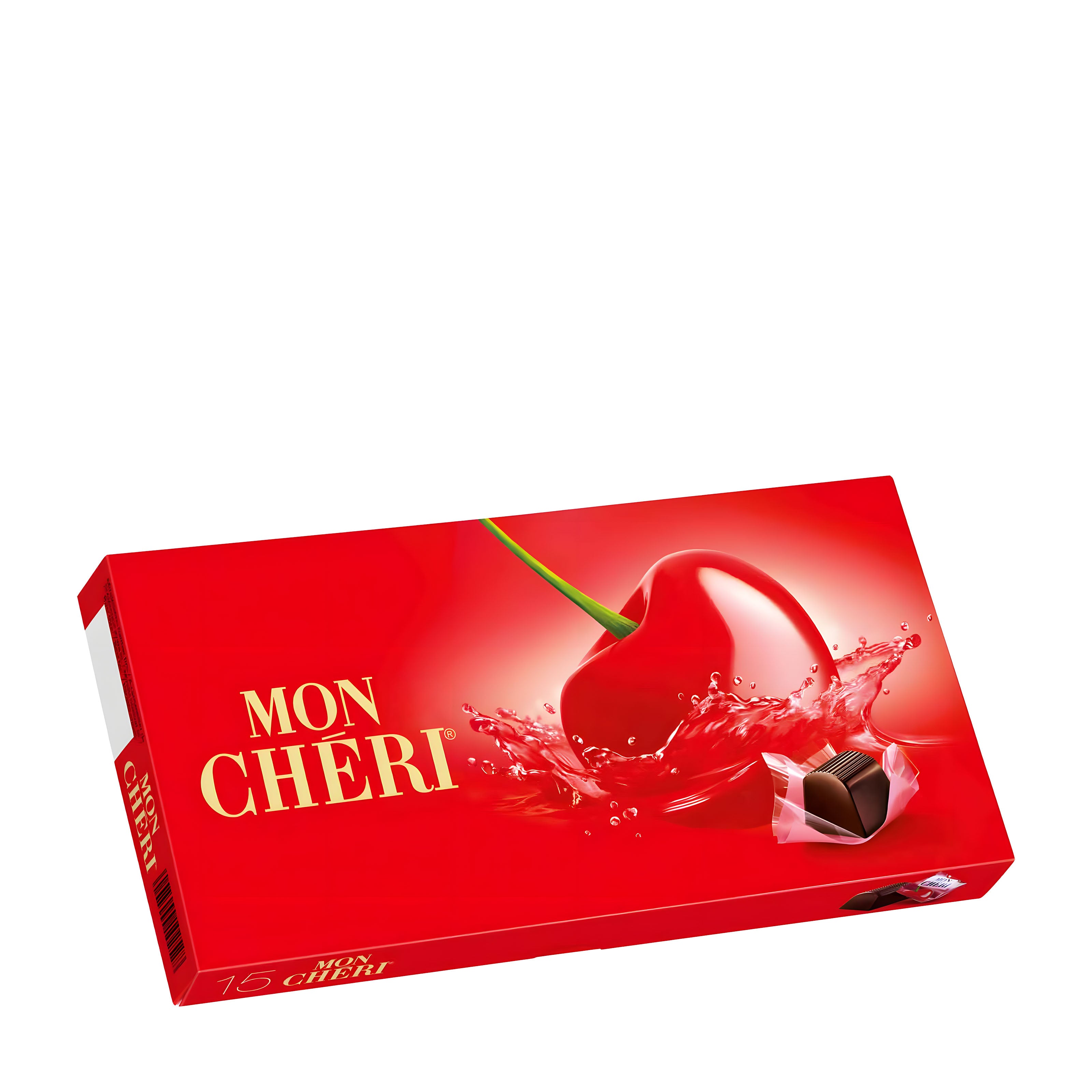 Red chocolate box with a cherry design and 'MON CHERI' branding on a white background