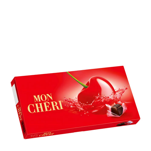 Red chocolate box with a cherry design and 'MON CHERI' branding on a white background