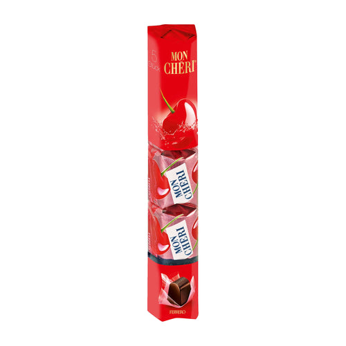 Red packaging of Mon Cheri chocolate pralines on a white background
