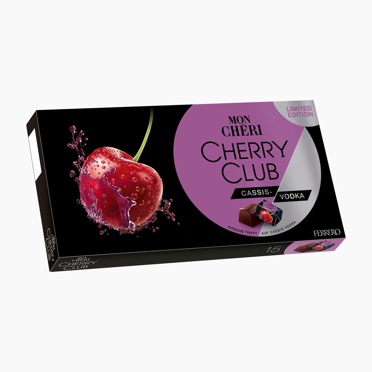 A box of Mon Cheri Cherry Club Cassis Vodka chocolates, featuring a black background with a large purple circle, a glossy red cherry graphic, and a small photo of a chocolate piece with a cherry on top.
