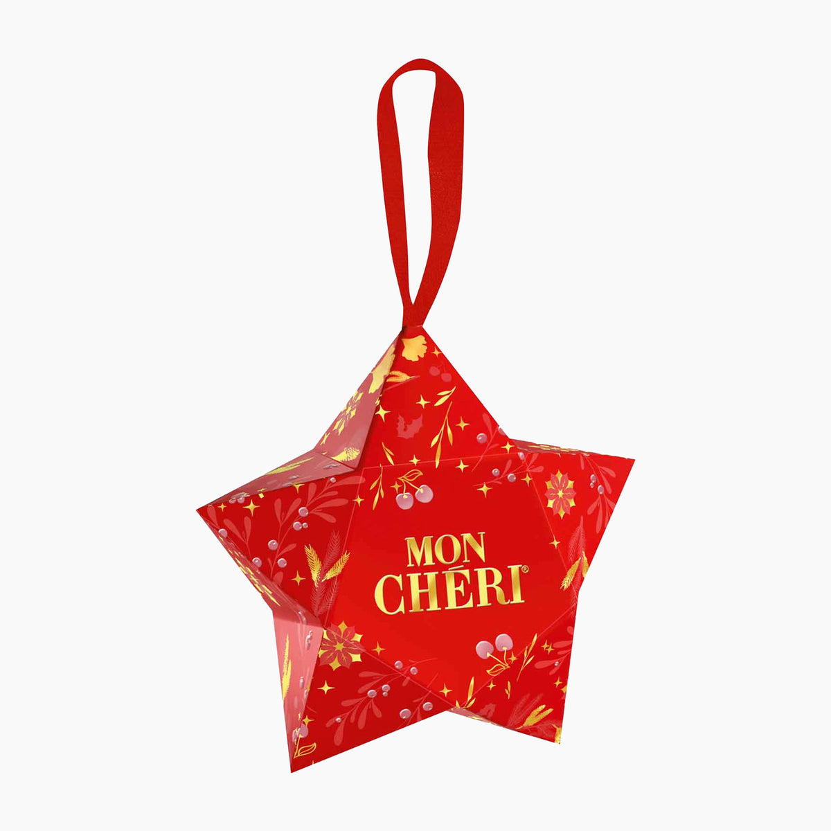 A red five-pointed star-shaped ornament with a red hanging ribbon and gold foil details, featuring the text 'MON CHERI' in gold on the front, set against a plain white background.