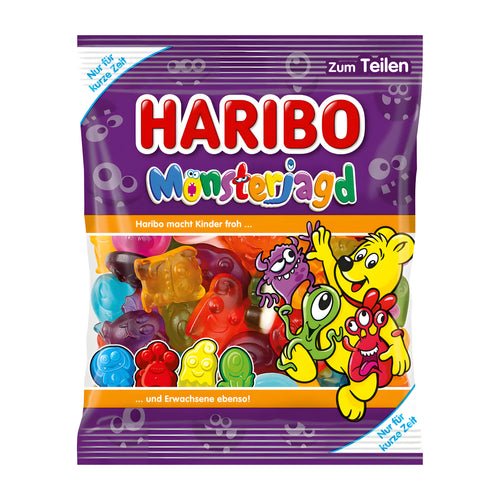 Haribo Monsterjagd gummy candy package with colorful characters on a purple background