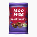 A package of Moo Free Spooky Raisins chocolate treats, featuring a purple and red wrapper with illustrations of bats, a jack-o'-lantern, and images of chocolate raisin balls on a white background.