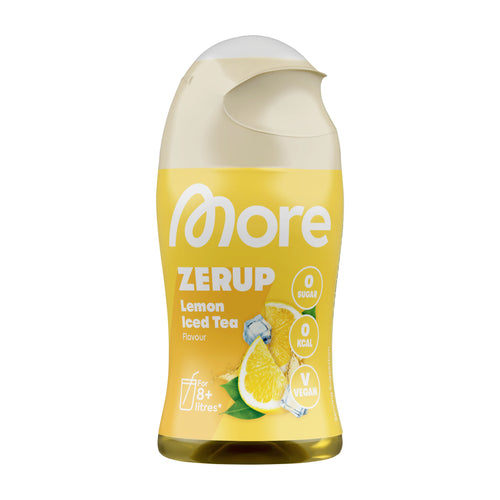 Yellow bottle of 'more' Zerup Lemon Iced Tea flavor on a white background