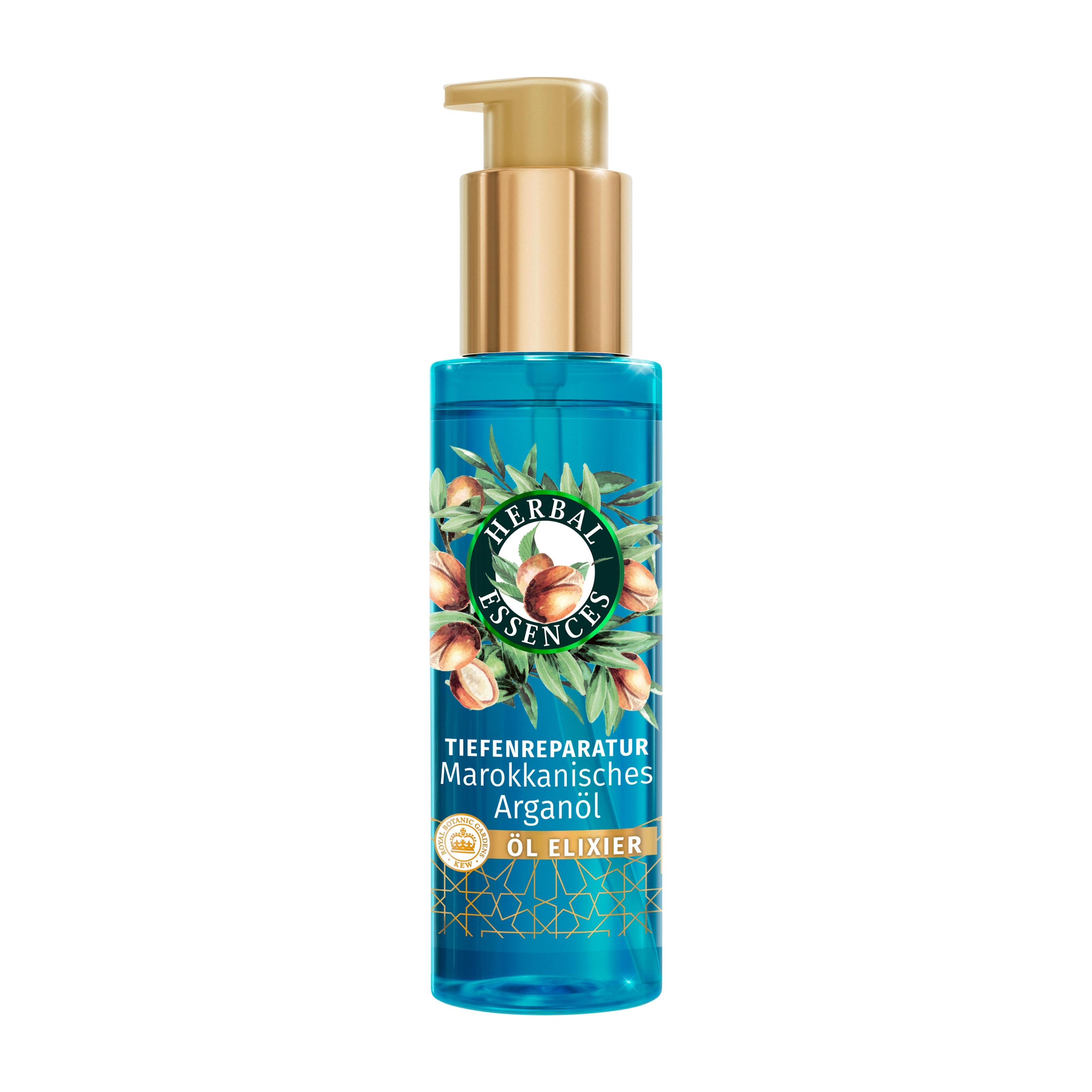 Blue bottle of Herbal Essences Moroccan Argan Oil hair oil elixir on a white background
