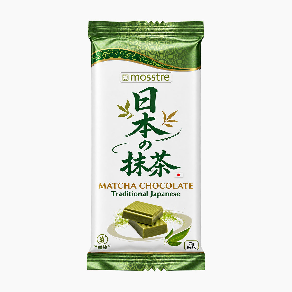 A package of mosstre Matcha Chocolate Traditional Japanese matcha chocolate bar, featuring a white and green design with Japanese text and an illustration of matcha chocolate pieces.