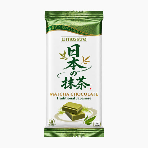 A package of mosstre Matcha Chocolate Traditional Japanese matcha chocolate bar, featuring a white and green design with Japanese text and an illustration of matcha chocolate pieces.