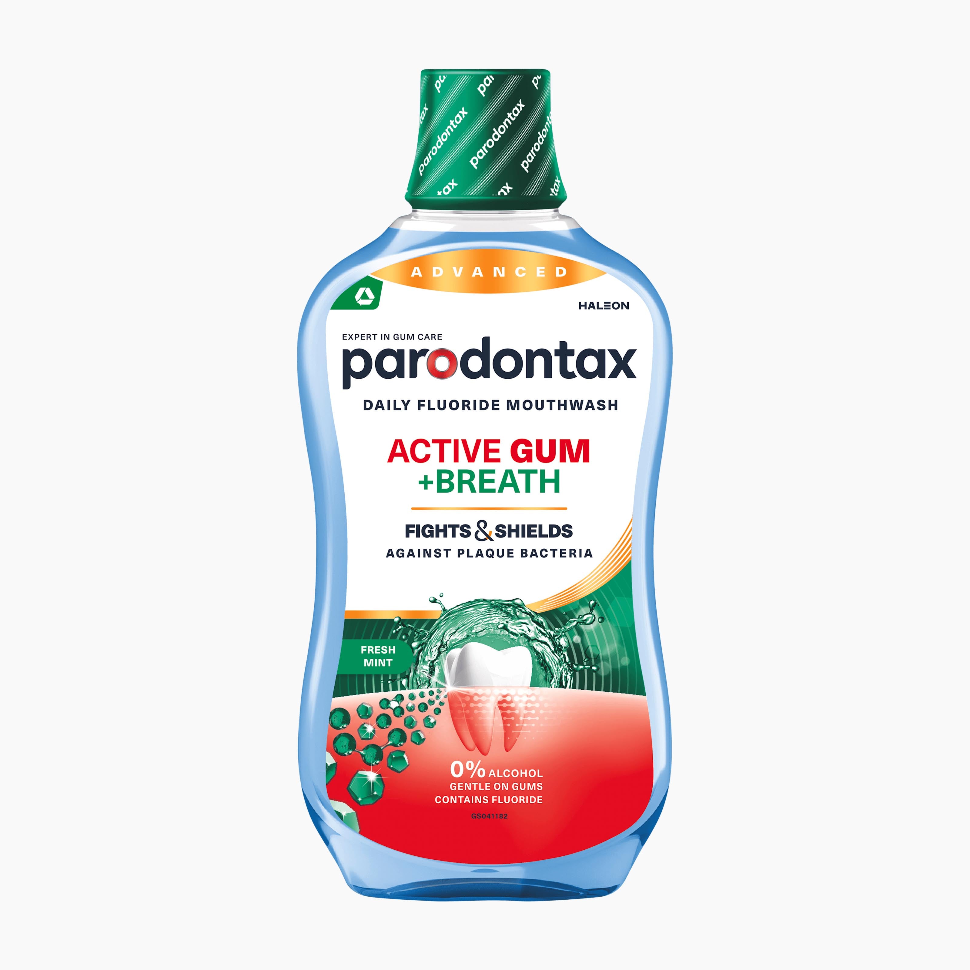 A bottle of Parodontax Active Gum + Breath Fresh Mint daily fluoride mouthwash, featuring a blue translucent bottle, green cap, and a label with red, green, and white graphics, set against a plain white background.