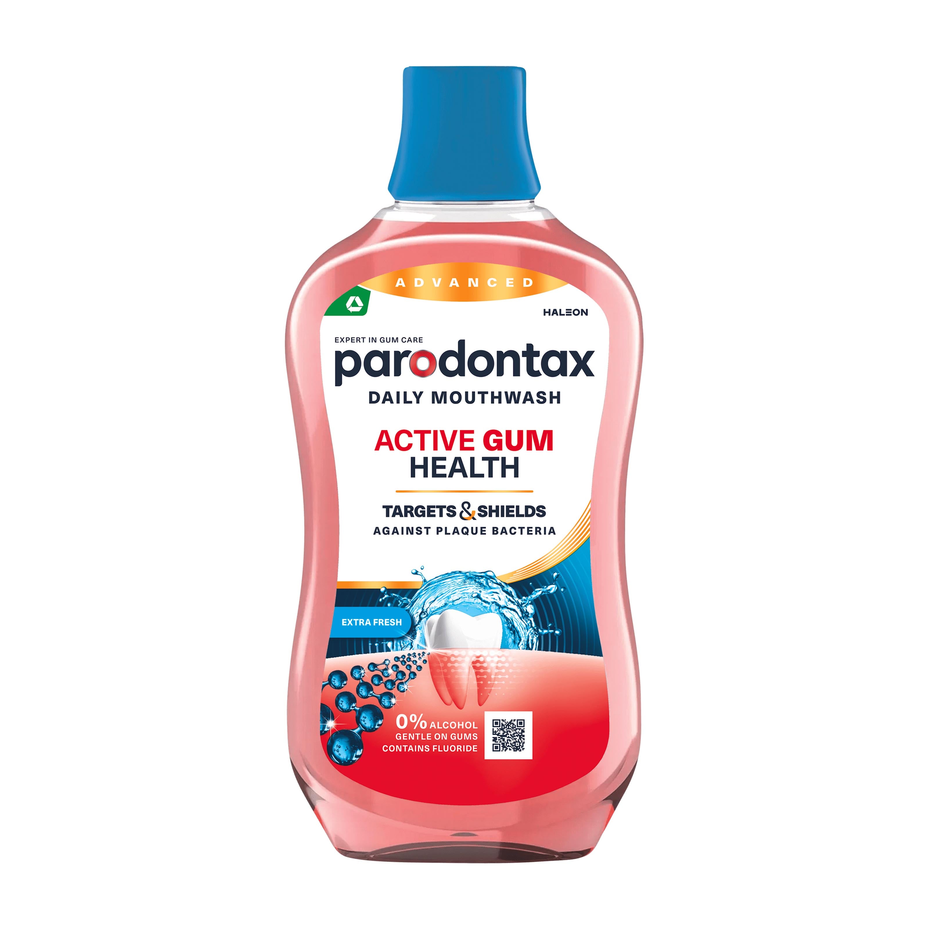 Parodontax Active Gum Health Extra Fresh mouthwash bottle with blue cap on a white background