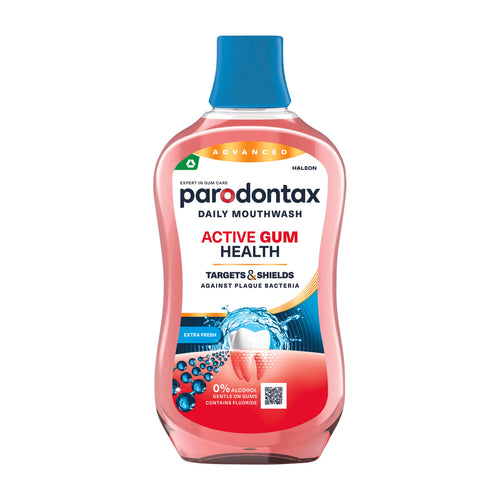 Parodontax Active Gum Health Extra Fresh mouthwash bottle with blue cap on a white background
