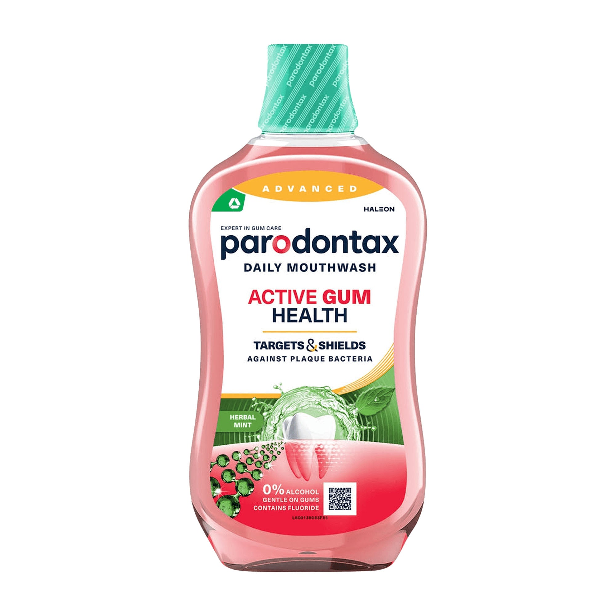 Parodontax Active Gum Health Herbal Mint mouthwash bottle with green cap on a white background