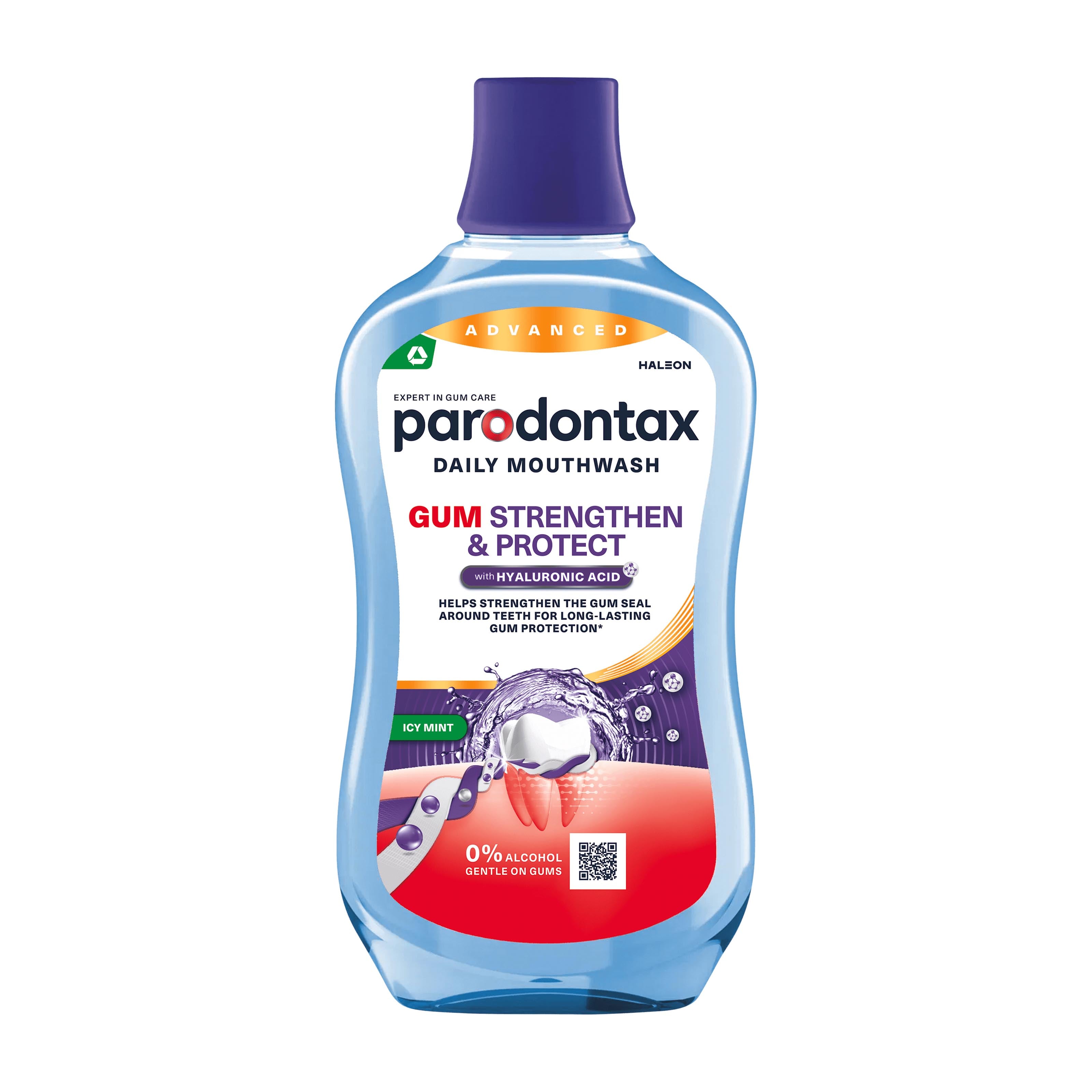 Parodontax Gum Strengthen & Protect Icy Mint mouthwash bottle on a white background