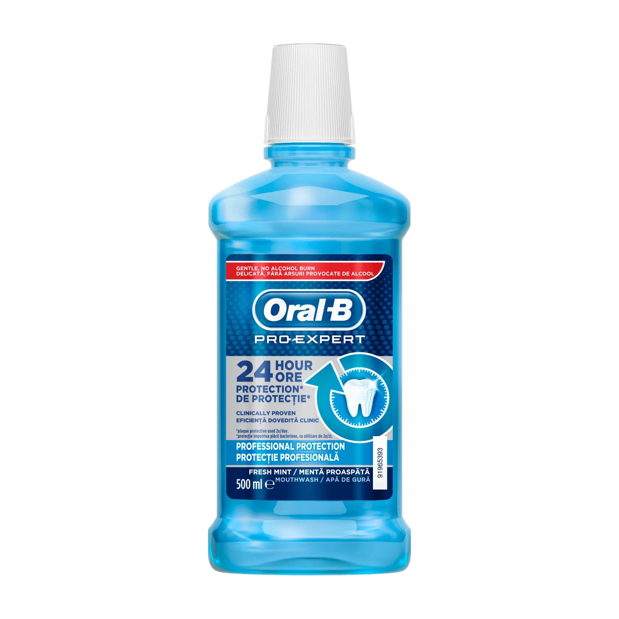 A bottle of Oral-B Pro-Expert mouthwash, 500 mL, with a blue label and white text.