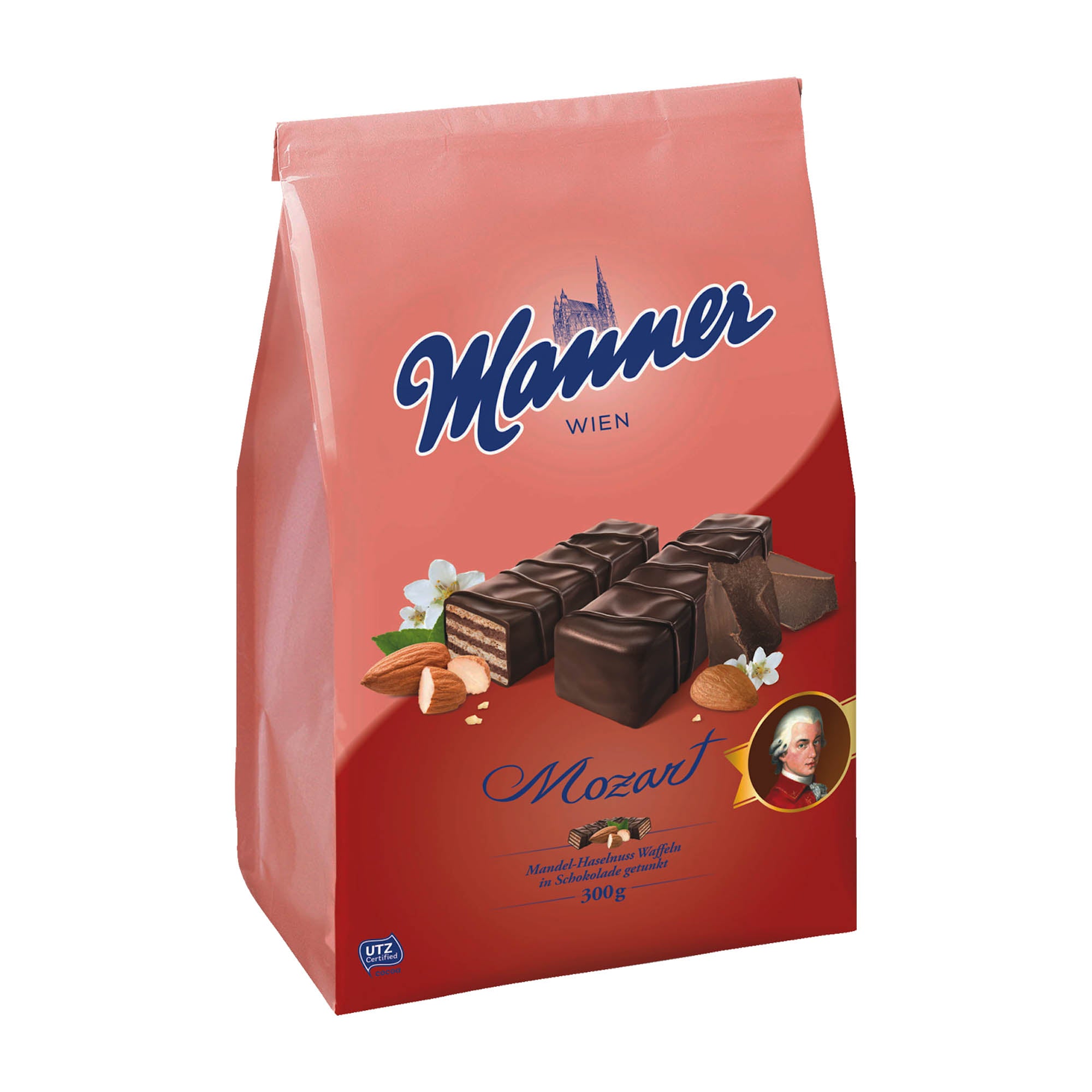 Packaging of Manner Mozart Mignon Wafer Bars showing the product name and images of the chocolate bars with nuts.