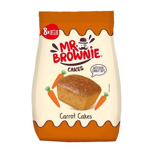 Bag of Mr. Brownie Carrot Cakes on a white background
