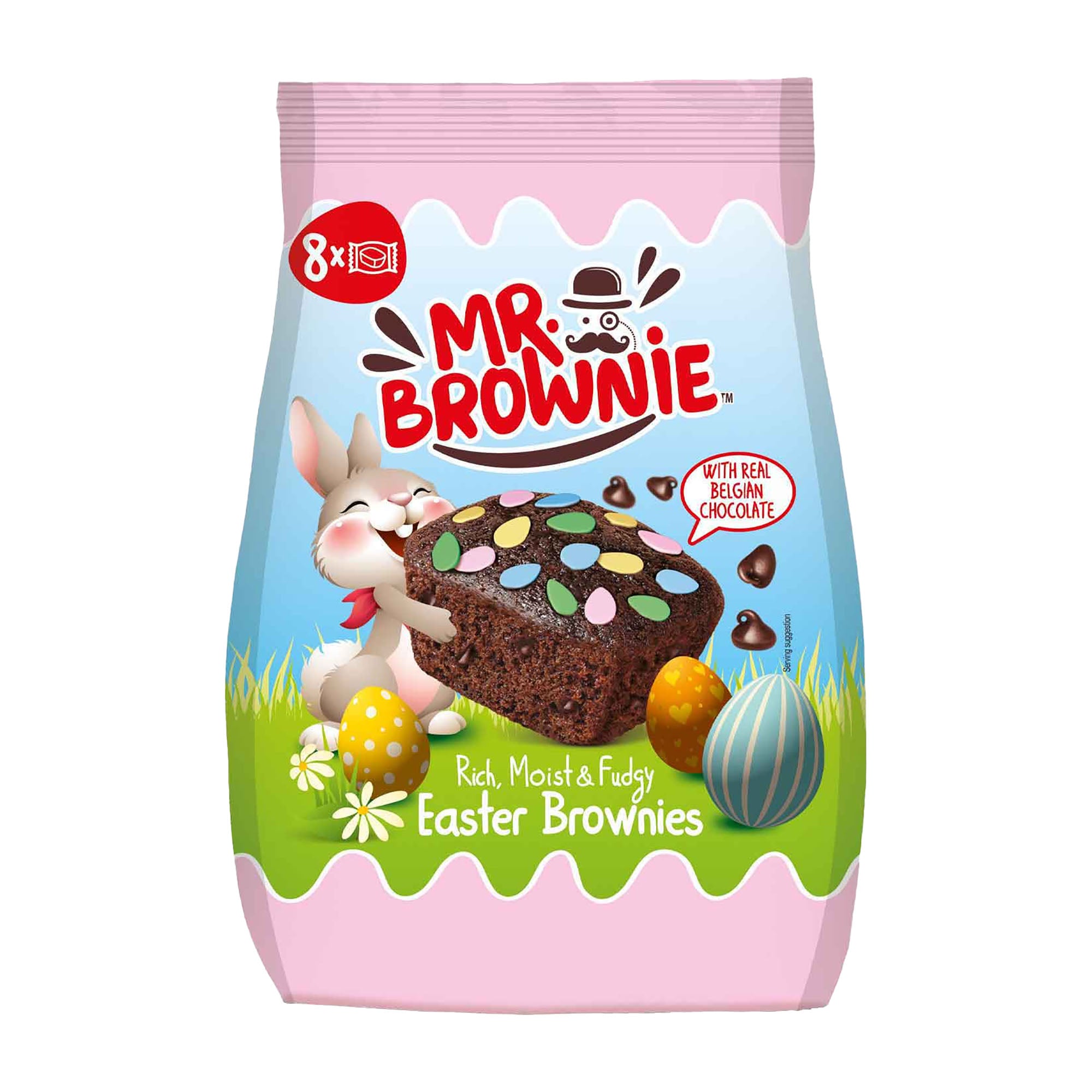 Packaging of Mr. Brownie Easter brownies with a cartoon rabbit and decorated brownie on a white background.
