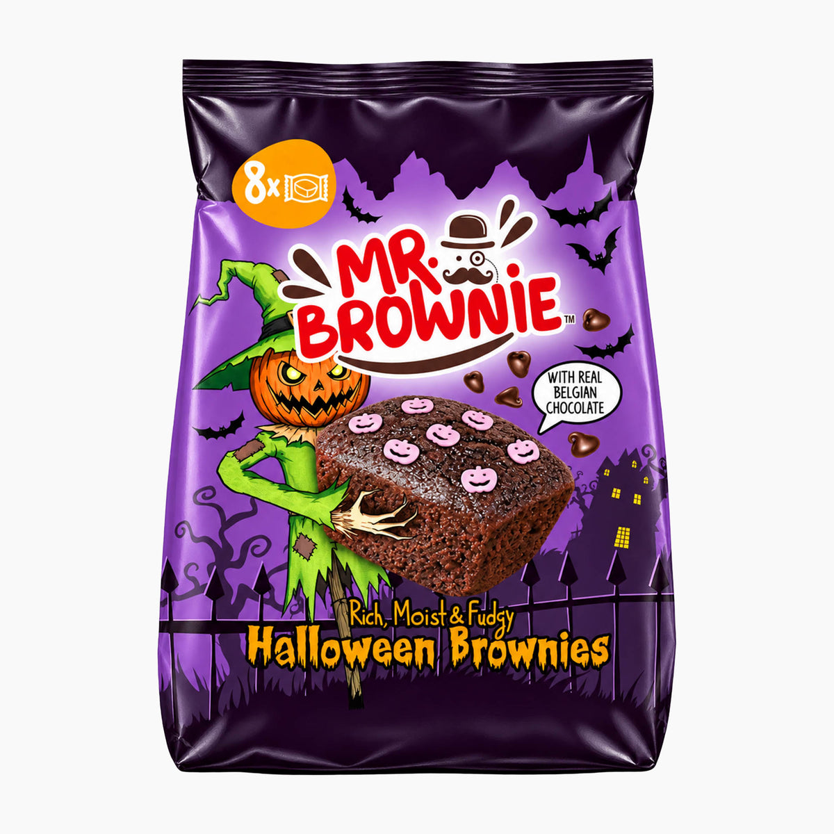 A purple bag of Mr Brownie Halloween Brownies on a light gray background.