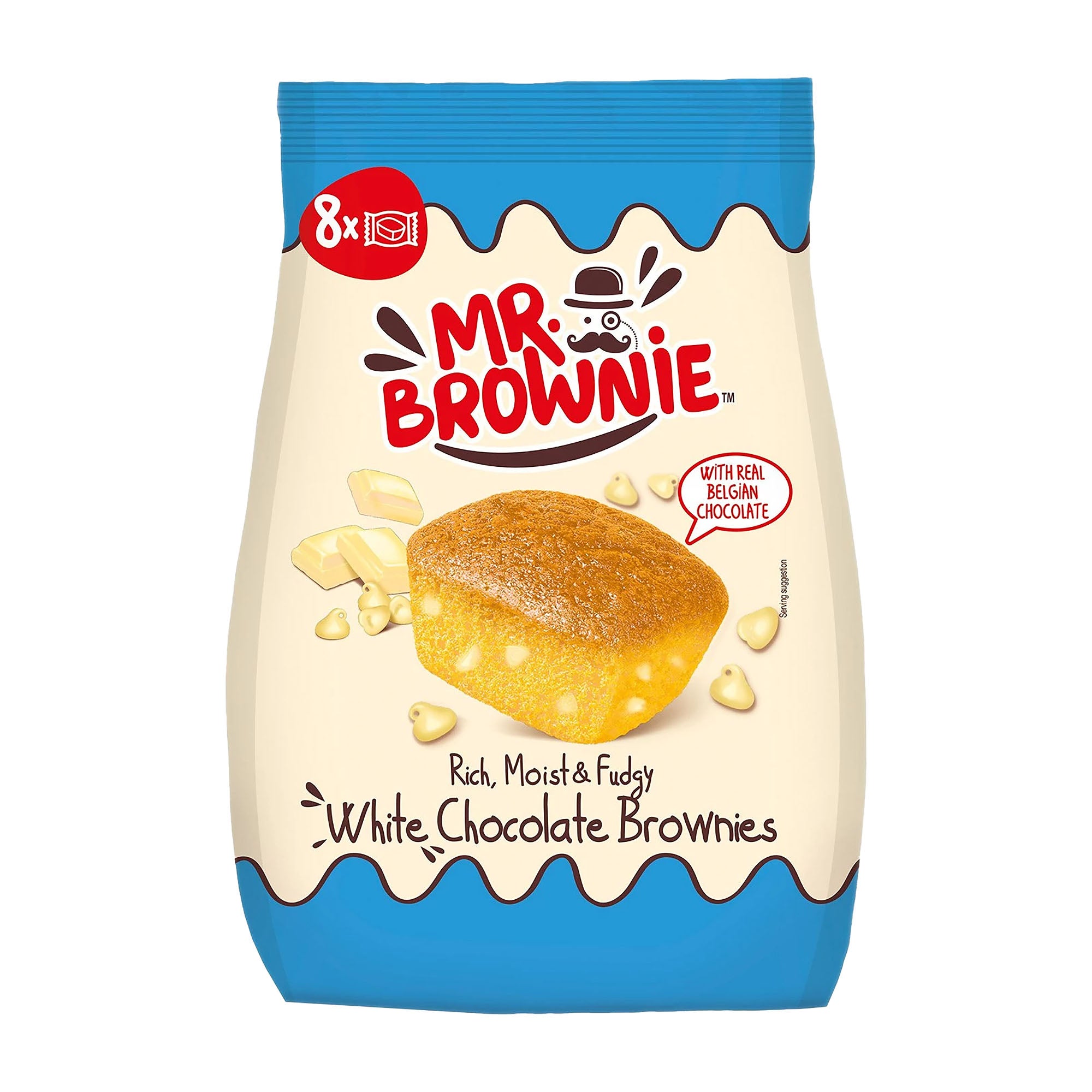 Packaging of Mr. Brownie white chocolate brownies with a blue and light yellow design.
