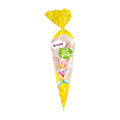 Yellow cone-shaped Mr. Mallo Happy Easter Ducks & Rabbits Mallows bag with cartoon character on a white background