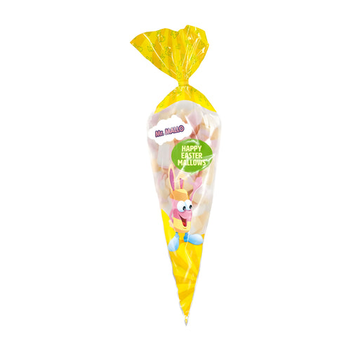 Yellow cone-shaped Mr. Mallo Happy Easter Ducks & Rabbits Mallows bag with cartoon character on a white background