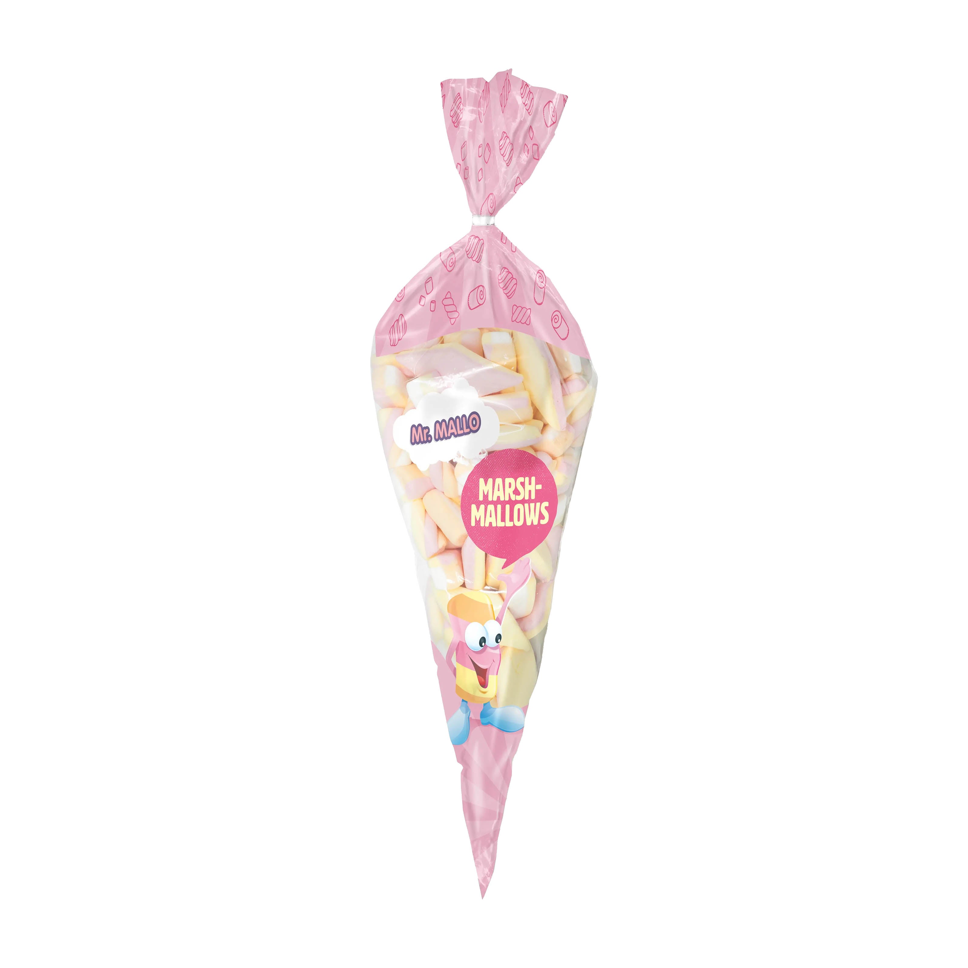 Pink cone-shaped bag of Mr. Mallo Marshmallows Party Mix with cartoon character on a white background