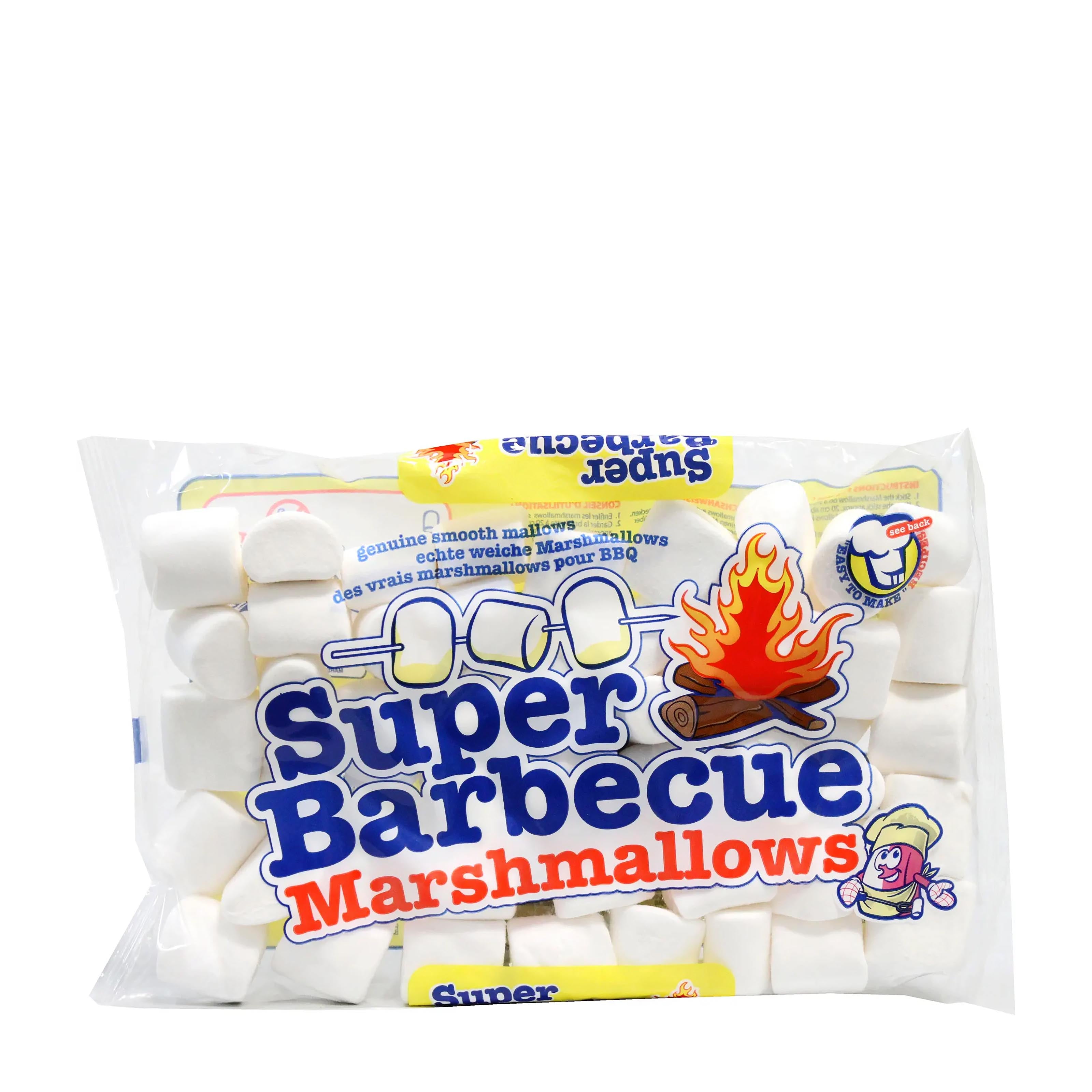 Pack of Super Barbecue Marshmallows with branding and graphics on a white background