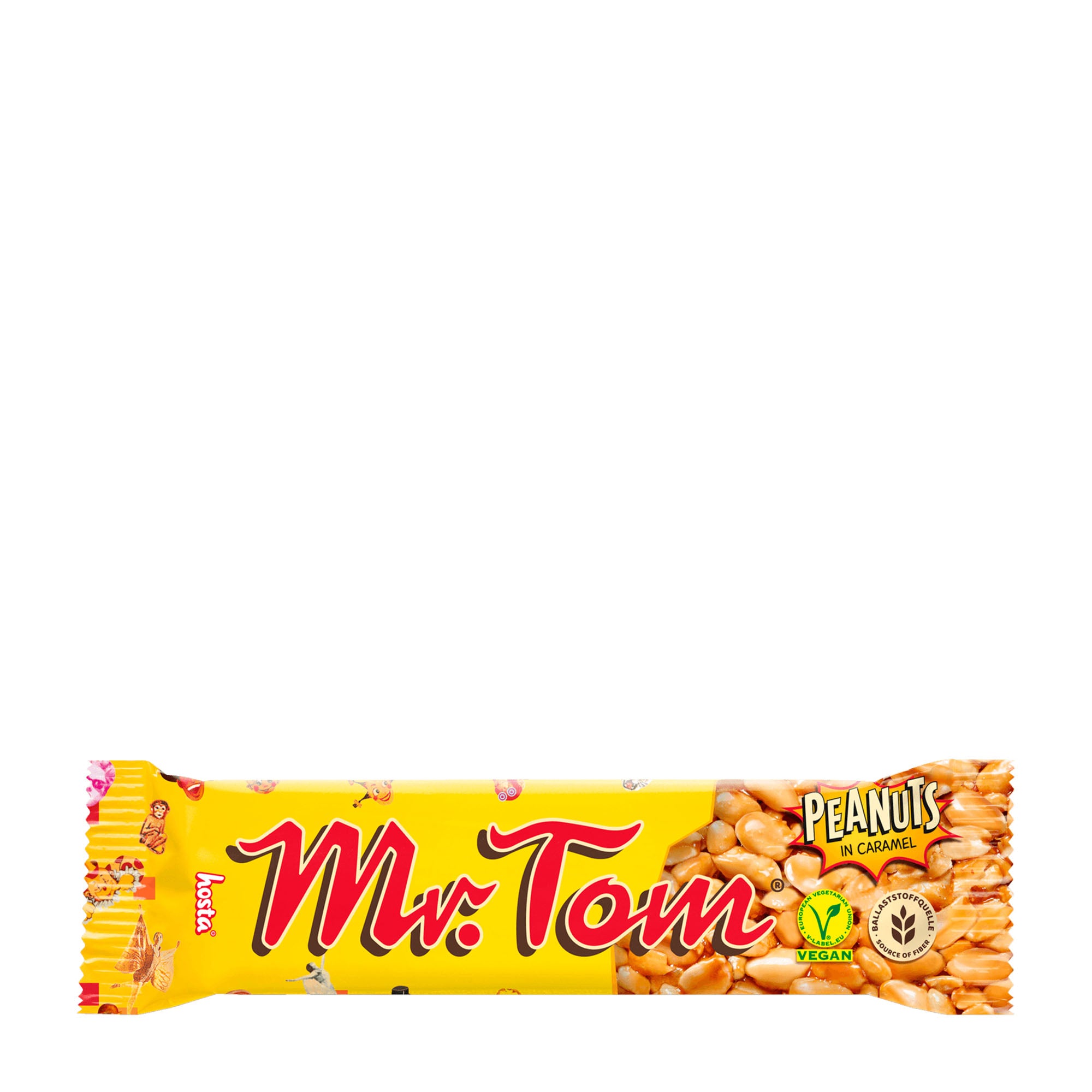 Packaging of Mr Tom peanuts candy bar with yellow and red colors, showing the brand name and the peanuts on the front.