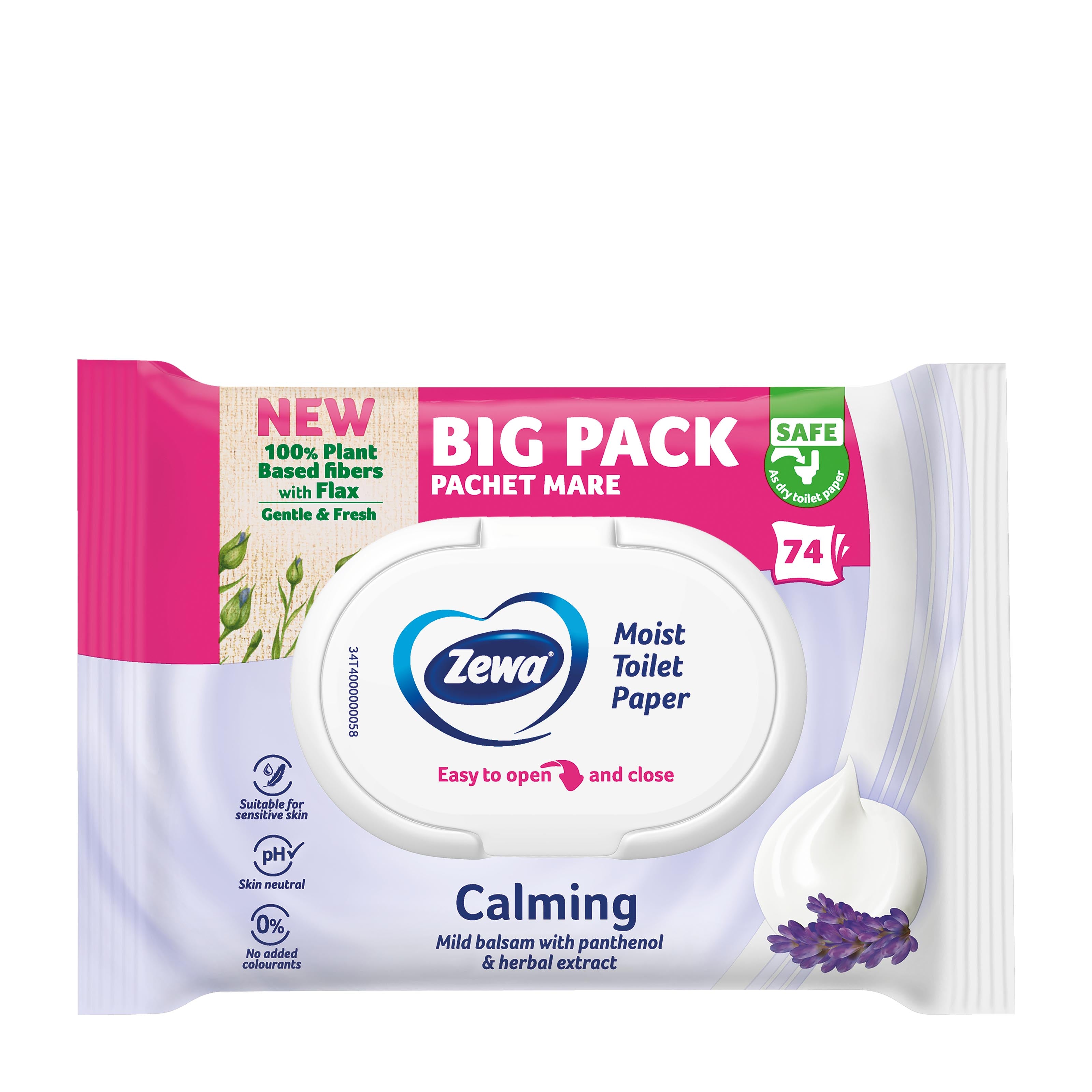 Zewa Calming moist toilet paper package with lavender extract on a white background