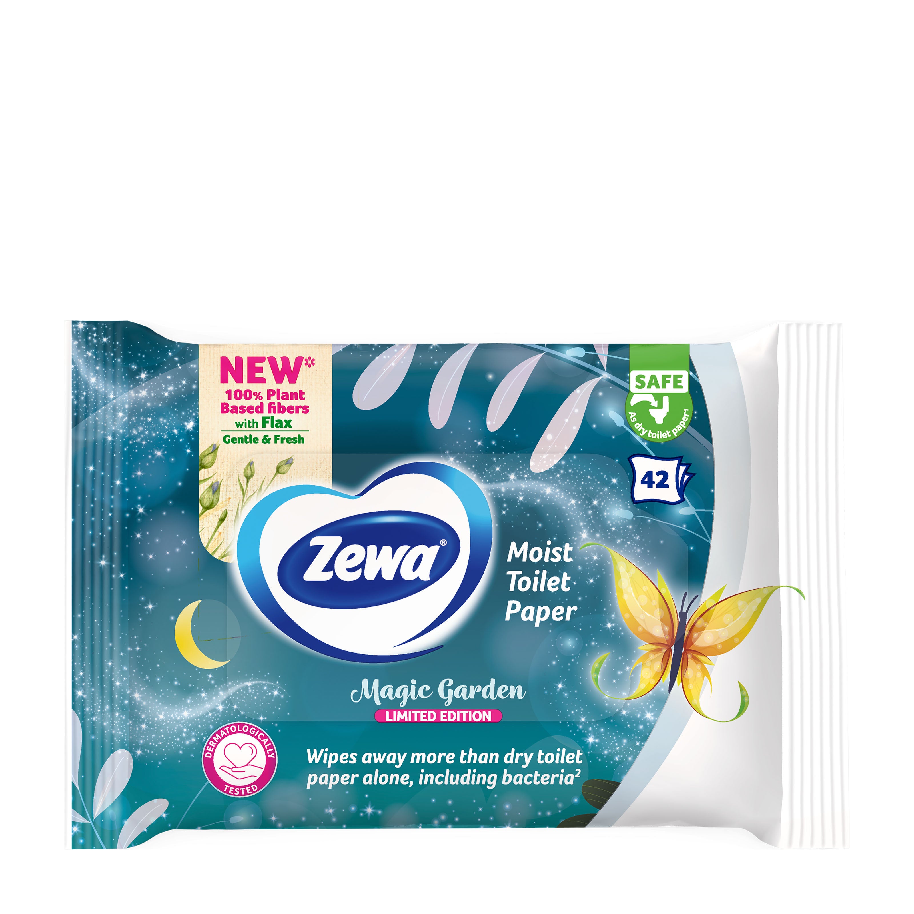 Zewa Moist Toilet Paper package with 'Magic Garden' design on a white background
