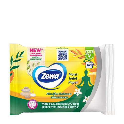 Zewa Mindful Balance Moist Toilet Tissues packaging on a white background.