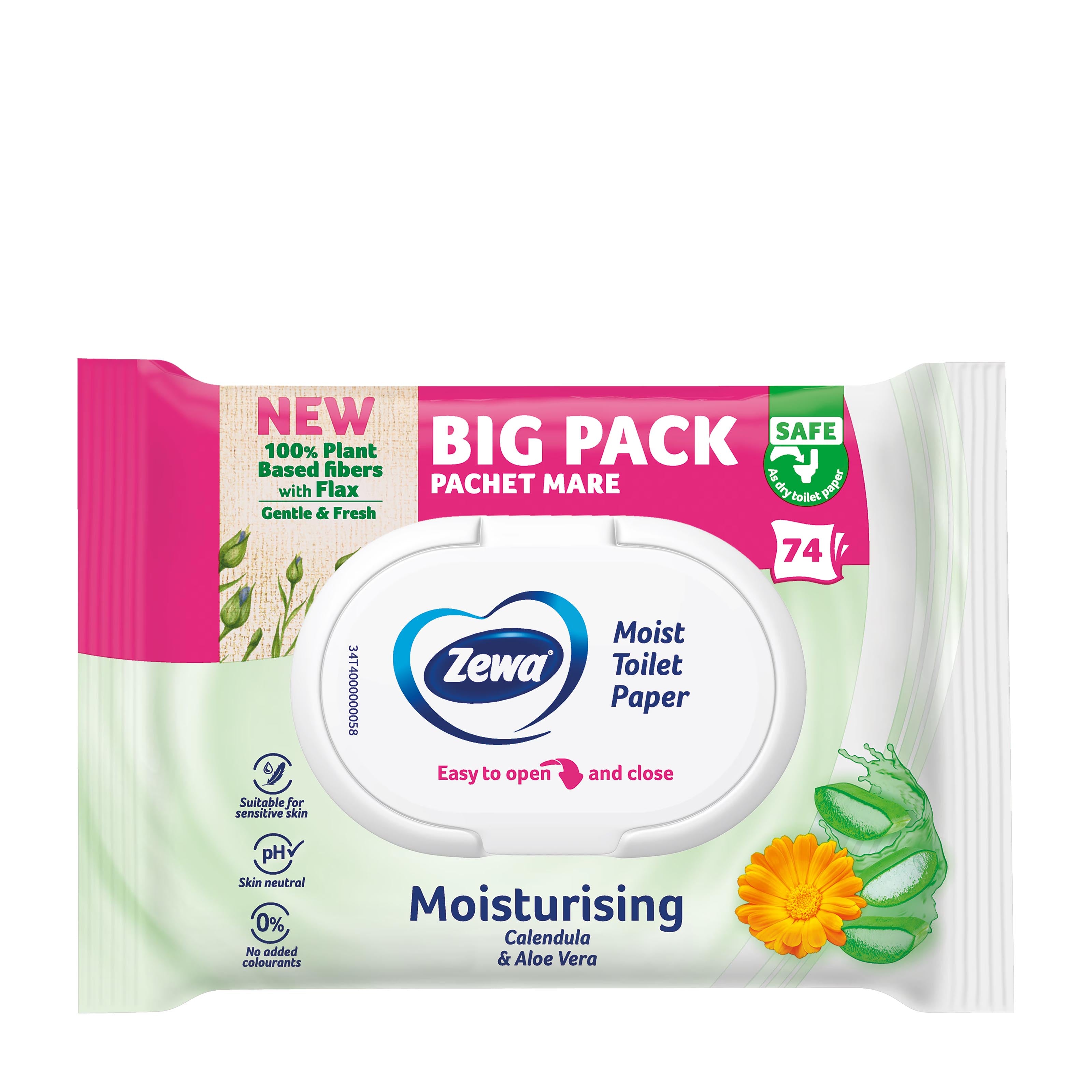 Zewa Moisturizing moist toilet paper package with a pink and green design on a white background