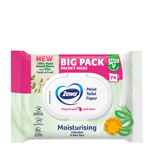 Zewa Moisturizing moist toilet paper package with a pink and green design on a white background