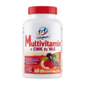 A bottle of 1x1 Vitamin Multivitamin Chewable Tablet with a red cap and a label showing forest fruits.