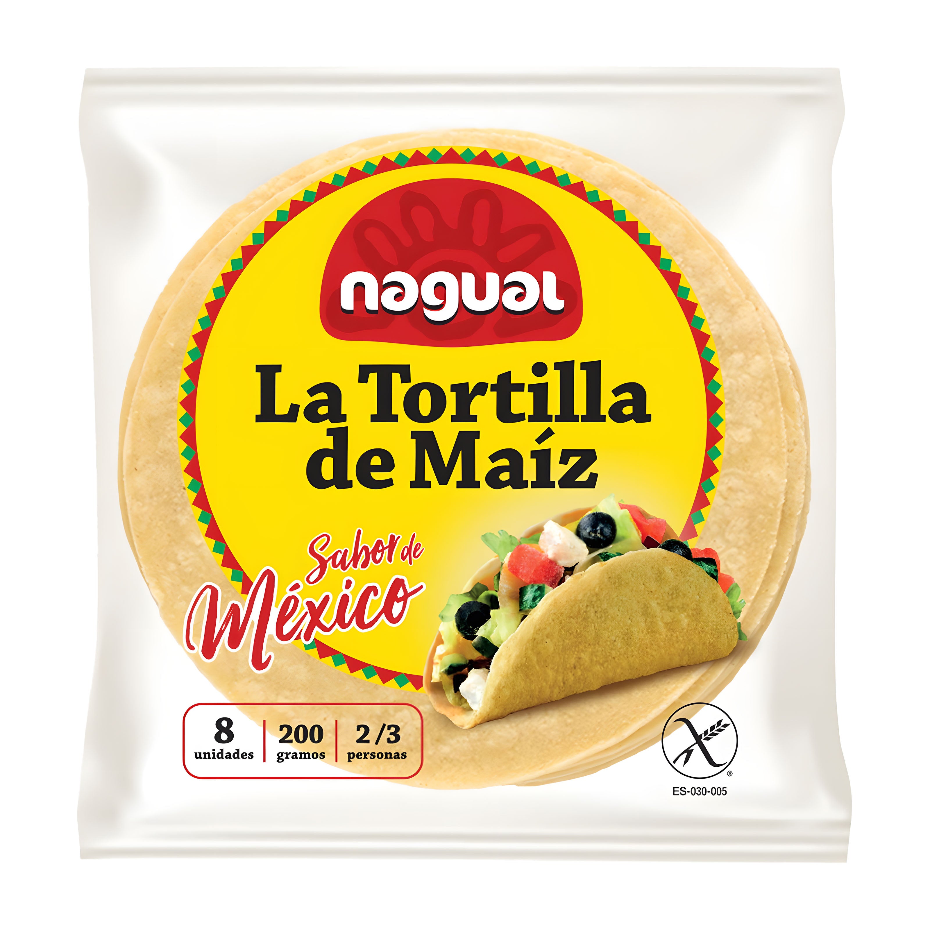 Nagual Sabor de Mexico corn tortillas package with a taco illustration on a white background