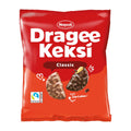 Package of Napoli Dragee Keksi classic cookies, with visible bite-sized cookies coated in chocolate, displayed against a red background.