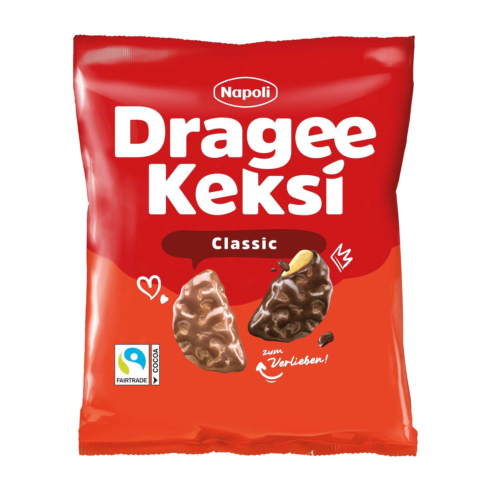 Package of Napoli Dragee Keksi classic cookies, with visible bite-sized cookies coated in chocolate, displayed against a red background.